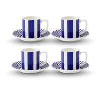 Spode x Steccato Espresso Cup & Saucer Set of 4 (11.2cm, 3oz) - Blue & White Striped Earthenware Coffee Cup Set for Espresso, Modern Tableware Made in England