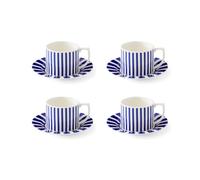 Spode x Steccato Teacup & Saucer, Set of 4 (16cm, 9oz) - Blue & White Striped Earthenware Tea Cup Set for Everyday Tea Service, Contemporary Tableware