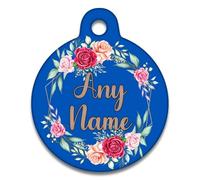 Spoilt Rotten Pets 25 mm Navy Blue Vintage Rose Art Deco Style Dog Tag Cat Identity Disc, Cat Kitten Dog Puppy ID Tag, Pet Tag Custom Printed with Your Contact Details