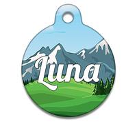 Spoilt Rotten Pets 25mm Pet Tag 'Swiss Alps Mountain Landscape' Pet Identity Tags. Custom Printed with Your Dog or Cats Name & Contact Details.