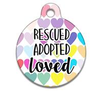 Spoilt Rotten Pets 31 mm Rescued Adopted & Loved Hearts Rescue Dog or Cat Identity Disc, Cat Kitten Dog Puppy ID Tag, Pet Tag Custom Printed with Your Contact Details