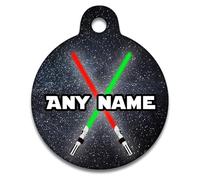 Spoilt Rotten Pets 31mm Diameter Crossed Light Sabre Star Paws Sci Fi Space Fans Design Dog Cat Identity Disc, Pet Identity Cat Kitten Dog Puppy ID Tag, Custom Printed with Your Contact Details