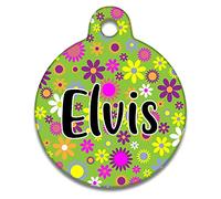 Spoilt Rotten Pets Retro 70's Style Lime Flower Power Pet Identity Cat or Dog Tag Custom Printed with Your Dog or Cats Name & Contact Details 31mm Black