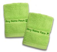 Spoilt Rotten Pets Set of Two Lime Green Personalised Dog Pet Face and Dog Pet Paws Wiper Towel Cloths 100% Cotton 30cm x 30cm Face Flannel Size (Lime Green)