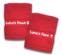 Spoilt Rotten Pets Set of Two Red Personalised Dog Pet Face and Dog Pet Paws Wiper Towel Cloths 100% Cotton 30cm x 30cm Face Flannel Size (Red)