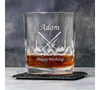 Spoken Gifts Personalised Golf Whisky Glass Engraved Crossed Clubs with Name and Message, Glass or Crystal Panel Whisky Tumbler, Made in the UK, Golfer Gift for Him