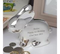 Spoken Gifts Personalised Rabbit Money Box, Engraved with Your Own Message Over Three Lines, Silver Plated Metal Piggy Bank, Made in the UK, Christening and New Baby Gift