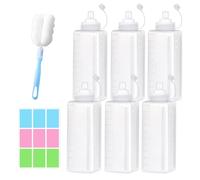 SPOKKI 6 Pcs Squeeze Bottles with Nozzles, 1000ml Square Sauce Bottles with Brush and Label Large Plastic Squeezy Condiment Bottle for Sauces Ketchup Olive Oil Salad Dispenser