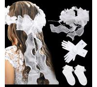 SPOKKI Communion Hair Accessories Set Headband Communion Girls Hair Wreath with White Flowers Pearls Organza Bands Hair Accessories Communion Girls Socks Gloves for Communion Wedding Flower Girl