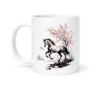 Spomo Black and White Horse with Cherry Blossom Tree Illustration in Watercolor Style with Mountain and Birds Background Decorative Art Ceramic Mug Gift for Nature Lovers
