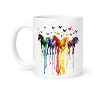 Spomo Colorful Running Horses with Butterflies drip Paint Watercolor Style Vibrant Artistic Design Ceramic Mug for Animal Lovers Gift