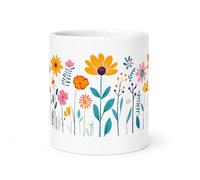 Spomo Colorful Wildflower Garden Floral Pattern in Whimsical Hand-Drawn Style with Bright Pink, Orange, and Yellow Blooms Ceramic Mug Gift for Nature Lovers and Flower Enthusiasts