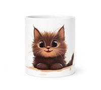 Spomo Cute Fluffy Brown Kitten Illustration with Big Eyes in Digital Art Style Playful and Adorable Design Ceramic Mug Gift for cat Lovers