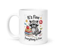 Spomo Cute Raccoon with Books a Plus It's Fine Everything is Fine Coffee Mug Sarcastic Racoon Quotes Funny Gifts for Men Women Her Him 11oz Ceramic Coffee Mug, 330ml