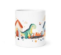 Spomo Dinosaur Coffee Mug - Cute Train and House, Gift for Children and Dinosaur Lovers in The UK