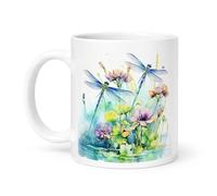 Spomo Dragonfly and Wildflower Watercolor Botanical Design with Delicate Pastel Tones and Vibrant Blues Ceramic Mug for Nature Lovers Gift