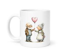 Spomo Elderly Couple Exchange Heart Balloon and Flowers Mug Love Family Relationship Valentines Day Special Occasion Gift for Her Him Men Women 11oz Ceramic Coffee Mug, 330ml