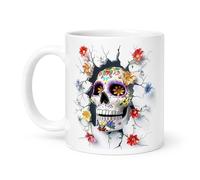 Spomo Floral Sugar Skull Design with Colorful Flowers and Cracked wall Background in Vibrant Detailed Style Ceramic Mug for Unique Gift
