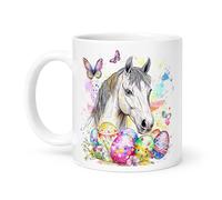 Spomo Horse with Colorful Easter Eggs and Butterflies Watercolor Design Vibrant Spring Floral Illustration Ceramic Mug for Animal and Gift Lovers