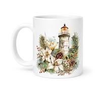 Spomo Lighthouse Mug with Pine Cones and White Lilies - Nature Inspired Gift for Christmas, for Mum or Nature Lovers in The UK