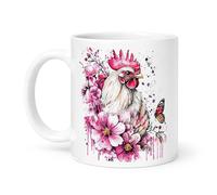 Spomo Rooster with Pink Flowers and Butterfly Watercolor Style Vibrant Detailed Illustration Ceramic Mug for Animal and Nature Lovers Gift