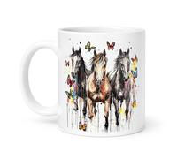 Spomo Running Horses with Colorful Butterflies Artistic Watercolor Style Vibrant Paint Splatter Effect Nature Inspired Ceramic Mug Gift for Animal Lovers