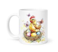 Spomo Spring Theme Chicken Mug with Colourful Eggs and Butterflies - Gift for Mum