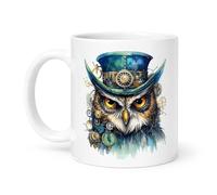 Spomo Steampunk owl Illustration with Mechanical Gears and Blue top hat Artistic Detailed Design Ceramic Mug Gift for Animal and Fantasy Art Lovers