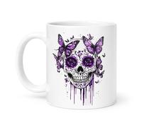 Spomo Sugar Skull Design with Purple Butterflies in Gothic Watercolor Style Detailed Floral Elements Dripping Paint Artwork Ceramic Mug Unique Gift for Art Lovers