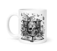 Spomo Sugar Skull with Floral and Butterfly Gothic Style Black and White Art Design Ceramic Mug Literary Decor Gift