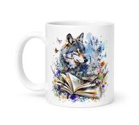 Spomo Wolf and Open Book Surrounded by Colorful Wildflowers and Butterflies Watercolor Design Artistic Nature Theme Ceramic Mug for Nature Lovers and Book Enthusiasts Gift