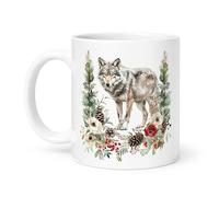 Spomo Wolf Floral Pine Cone Coffee Mug - Nature Inspired Gift for Animal Lovers in The UK