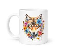 Spomo Wolf with Floral and Butterfly Watercolor Design Vibrant Colorful Nature Illustration Coffee Mug Ceramic Mug Gift for Animal and Nature Lovers