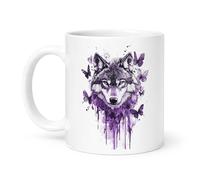 Spomo Wolf with Purple Butterflies Watercolor Design Artistic Nature Illustration Ceramic Mug Animal Lover Gift