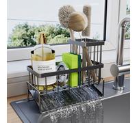 Sponge Holder for Kitchen Sink - Rustproof Sink Caddy with Brush Holder, Kitchen Sink Organizers and Storage Dish Soap Dispenser Home Essentials Organization Accessories (Black, With Brush Holder)