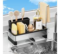 Sponge Holder for Kitchen Sink,Sink Caddy Organizer with Removable Brush Holder,Kitchen Countertop Soap Dispenser Storage with Detachable Towel Rack,Black