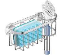 Sponge Holder,SUS304 Stainless Steel 2-in-1 Suction Cup Rack Caddy, No Drill Rustproof Kitchen Sink Organizer for Place Dishwashing Brush Soap and Sponge (Silver)