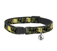 SpongeBob SquarePants Breakaway Cat Collar With Bell, Plastic Clip, Easy Adjustable, Primitive Sponge Pose Leaves Black Green, 8.5 to 12 Inches 0.5 Inch Wide