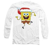 Spongebob Squarepants Christmas Santa Hat Mens Long Sleeve T Shirt, White, X-Large