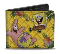 Spongebob Squarepants Men's Buckle-Down PU Bifold Wallet-Spongebob & Patrick Starfish Pose Pineapple Gold, Multicolor, 4.0" x 3.5"