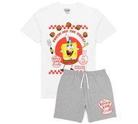 SpongeBob SquarePants Mens Pyjama Set | White & Grey Short Sleeve T-Shirt with Shorts PJs For Adults | Krusty Krab Fresh off the Grill Loungewear | 90s Nostalgic TV Show Nightwear Merchandise Gift