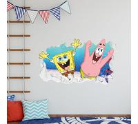 Spongebob Wall Sticker - Spongebob and Patrick Jumping Through Broken Wall Art (60cm Width x 35cm Height)