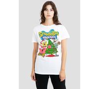 Spongebob Women's Squarepants Christmas Tree T-Shirt, White | Size: Small Spongebob White S