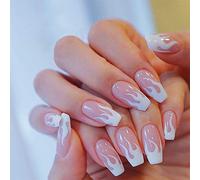 Sponsored Ad - BABALAL 24Pcs Medium Coffin Fake Nails Pink White Flame False Nails Glossy Ballerina Press on Nails for Wom...