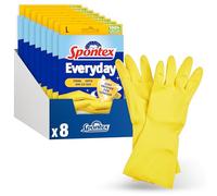 Spontex Everyday Protect Rubber Gloves | Large Size | Antibacterial Protection | Non-Slip Grip | Natural Latex with 100% Recycled Cotton Lining | 8 Pairs