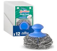 Spontex Handy Tough Kitchen Scourers | Wire Wool Pan Scourers with Handle | 90% Recycled Rust-Free Stainless Steel | Cleans Ovens, BBQs, Glass Dishes & Jugs | 12 Count