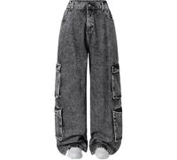 SPONYBORTY Plus Size Casual Wide Leg Cargo Jeans Acid Wash Denim Multi Pocket Design Relaxed Fit skinny/A/3XL