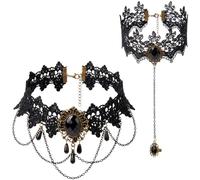 Spooktacular Creations 2 Pcs Gothic Black Lace Choker and Bracelet Set, Vampire Necklace Costume Accessories for Women, Dark Goth Cosplay Party Supplies