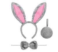 Spooktacular Creations 3 Pcs Bunny Accessories Set Including Rabbit Bunny Ears Headband, Bow Tie and Tail for Halloween Cosplay Party Dress Up Accessories (Grey and Pink)