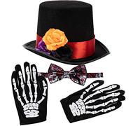 Spooktacular Creations 4 Pcs Halloween Day of the Dead Costume Accessories Set for Men Including 1 Pair of Skeleton Gloves, 1 Men’s Hat and 1 Bow Tie for Halloween Cosplay Party